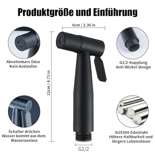 MUMENG Bidet Handbrause für Toilette,Edelstahl Bidet Brause,Spülung Duschkopf Standard G1/2 Schnittstelle,Wasserspar Handbrause Dusche für Die Reinigung von WC und Körperhygiene(Schwarz)