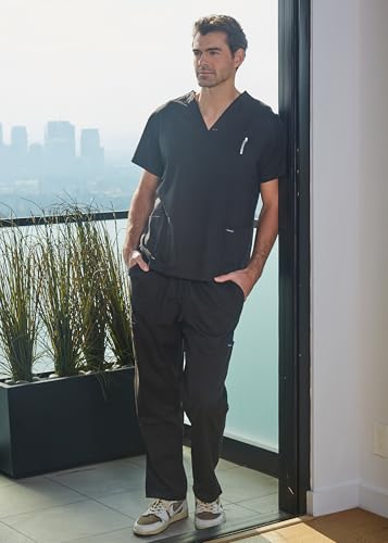 Dagacci Scrubs for Men Set - V-Neck Scrub Top and Cargo Pants - 8 Pockets Men Scrubs Set (Medium, Black)