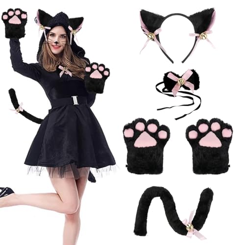 Kinsinder Costume Gatto Bambina, Gatto Cosplay Costume, Peluche Artiglio Guanti Gatto Gattino Orecchie Coda Collare Zampe Carino Adorabile Costume per il Set per Bambini e Adulti