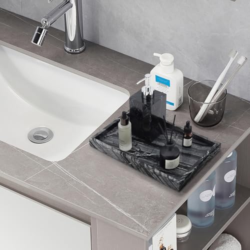 Image of Real Natural Marble Tray for Bathroom, Vanity, Kitchen and Desktop, Rectangle Genuine Marble Stone Tray for Jewelry, Cosmetics, Candles, Lotion, Perfume (Wood Grain, 12 inch x 8 inch x 1.2 inch)