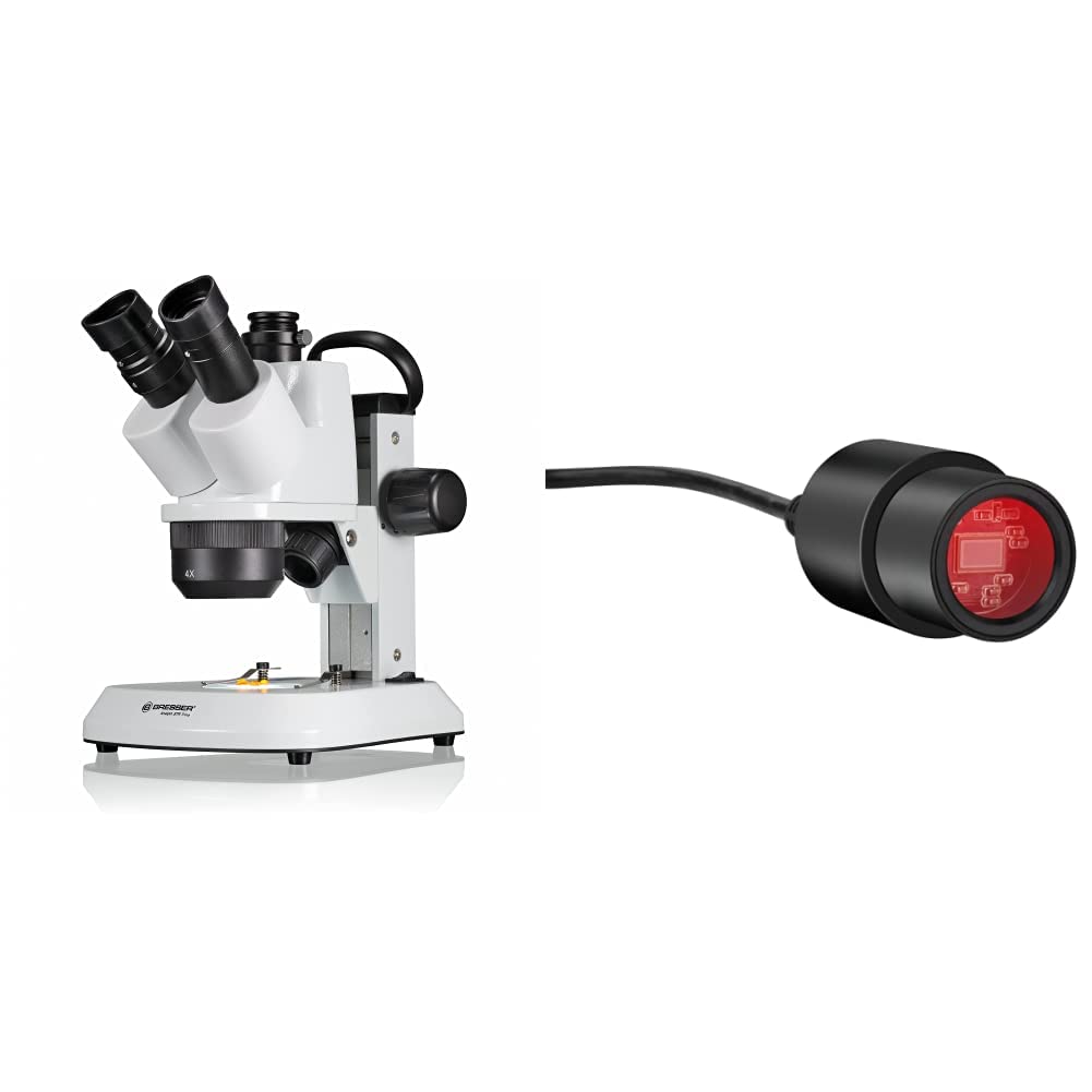 Bresser trinokulares Stereomikroskop Analyth STR Trino 10x - 40x mit getrennt dimmbarem LED-Auf- und Durchlicht und Tragegriff für mobilen Einsatz & Full HD Mikroskop Teleskop Kamera USB 2.0