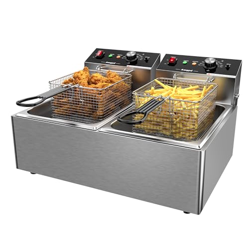 Commercial Deep Fryer with Baskets Stainless Steel Double Deep Fryer with 2 Baskets Capacity 10L X 2(21.3QT) Electric Countertop Fryer for Restaurant and Home Use, 110V 3400W