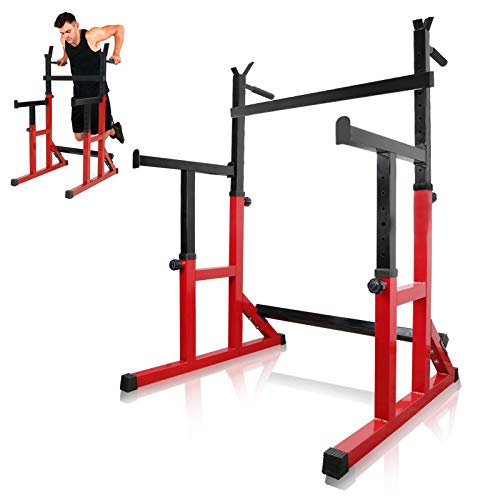 ER KANG Multi-Function Barbell Rack, 600LBS Capacity Fitness Adjustable Dip Stand Squat Rack Dipping Station for Weight Lifting, Bench Press, Squat, Home Gym-2021 Upgraded