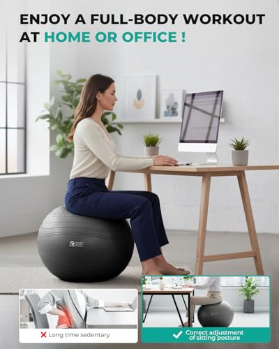 Image of Gruper Yoga Ball, Extra Thick Exercise Ball for Workout Pregnancy Stability - 4 Sizes Anti Burst Balance Ball for Yoga, Pilates, Fitness, Birthing, Physical Therapy - Includes Pump