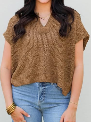Womens Cap Sleeve Tops Spring Fall Casual V Neck Loose Fit Knit Lightweight Sweater Pullover Top3