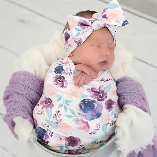 Image of Newborn Floral Print Blanket Baby Stretch Wrap Swaddle Receiving Blanket with Matching Headband and Beanie (Purple Floral)