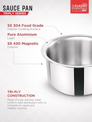Image of Classic Essentials Triply Stainless Steel Saucepan (16cm, 1500ml) | Stove & Induction Cookware | Heat Surround Cooking | Easy Grip Handles | Steel Tea & Milk Pan with Handle | Steel Patila