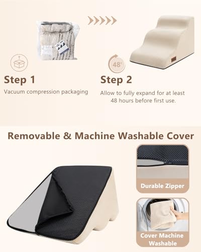 Image of Aodisman Dog Stairs for Small Dogs,3 Step Dog Ramp for Couch,Non-Slip Steps | Pet stairs help small dogs, old cats, and puppies reach couches and chairs easily, durable indoor dog steps,15.4 inch H,Beige