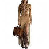 Generisch Vestido de mujer con estampado floral de ante sintético y flecos, vestido de estilo vintage occidental otoñal con cremallera, bordado y borlas, vestido midi para fiestas, marrón, L