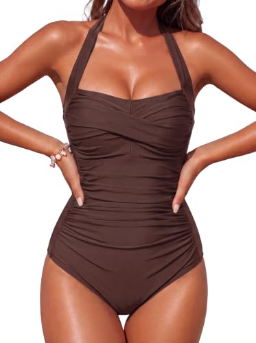 Image of Smismivo Tummy Control Swimwear Halter One Piece Slimming Vintage Retro Swimsuit Womens Ruched Push Up Bathing Suit