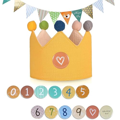 PVFZXS Geburtstagskrone Junge, Geburtstagskrone Kinder, Geburtstagsbanner, Wiederverwendbar Geburtstagskrone für Mädchen Junge, Partyhüte Party Deko, Krone Geburtstag mit Button Zahlen von 0-9