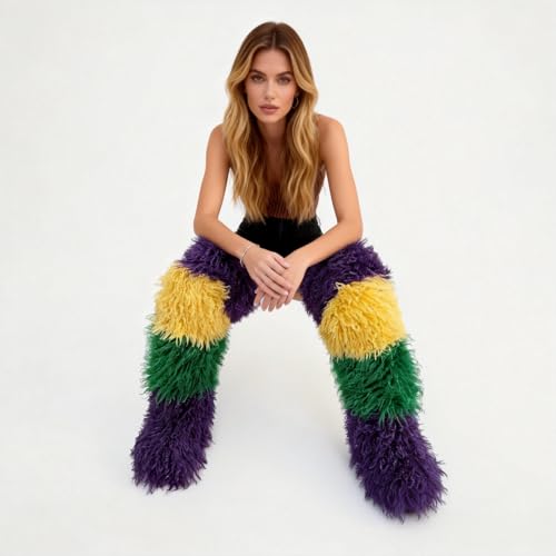 Image of Black Thigh High Fur Boots, Over the Knee Fluffy High Boots, Tall Furry shoes for Women