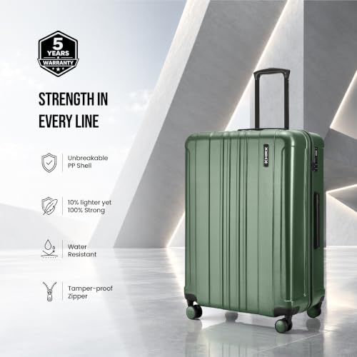 Image of HRX Force Medium Size Dark Green Polycarbonate Hard Shell Suitcase - Premium Travel Trolley Bag with 8 Spinner Wheels, Number Lock & Water Resistant Body