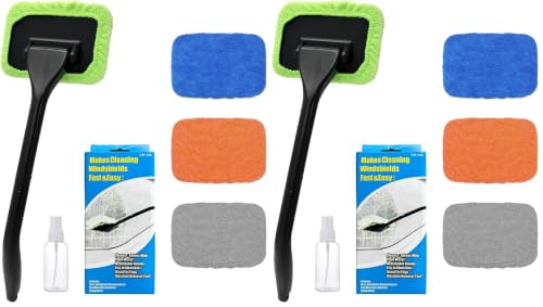 Ohleats Car Windshield Cleaning Tool, Microfiber Window Cleaner with 4 Washable and Reusable Cloth Pad & Long Handle, Auto Glass Wiper Cleaning Kit with Spray Bottle, Car Accessories (Pack of 2)