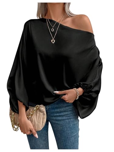 Verdusa Off The Shoulder Blouses for Women 3/4 Length Sleeve Tops Dressy Casual Blouse Black Medium
