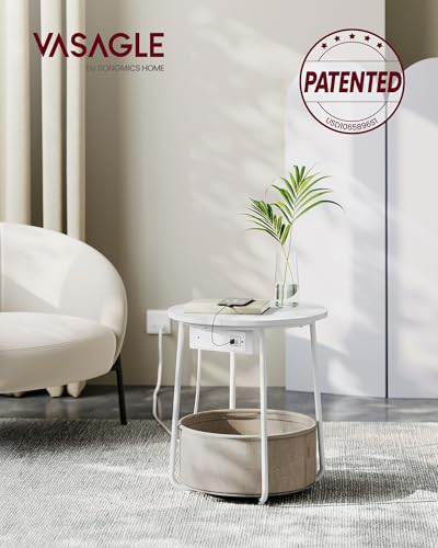 VASAGLE LILEA Collection - Side Table with Charging Station, Round End Table with Fabric Basket, Nightstand with USB Ports, for Living Room, Bedroom, Modern, Matte White and Camel Brown ULET228W01 - Image 3