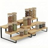 Organizador Cocina Expandible 3 Niveles – Estantería Cocina Escalonada para Especias y Armario – Organizador Especias Ajustable sin Montaje – Almacenaje Cocina Encimera y Despensa (Natural + Negro)