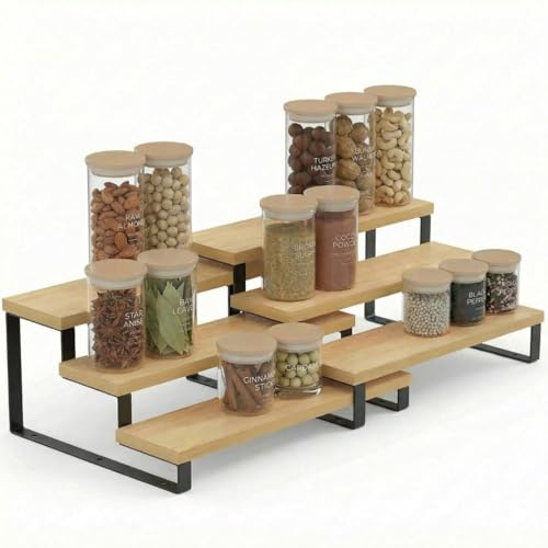 Organizador Cocina Expandible 3 Niveles – Estantería Cocina Escalonada para Especias y Armario – Organizador Especias Ajustable sin Montaje – Almacenaje Cocina Encimera y Despensa (Natural + Negro)