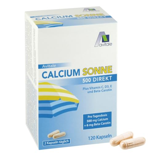 Calcium Sonne 500 - Nur 2 Kapseln täglich zur Vorbereitung Ihrer Haut auf die Sonne mit 500 mg Calcium und 6 mg Beta-Carotin plus Vitamin C D3 und E