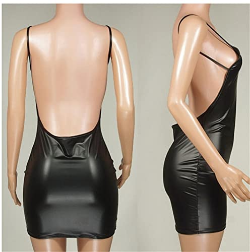 AOAO Women Latex Dress Sleeveless V-Neck Clubwear Party Backless Leather Lingerie (Black) One Size