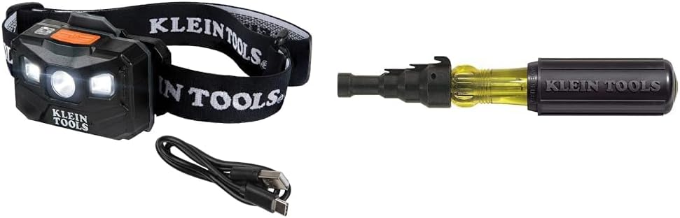 Klein Tools 56048 Rechargeable Auto-Off LED Headlamp, Adjustable Fabric Strap, 400 LMS & 85191 Screwdriver/Conduit Reamer, Conduit Fitting and Reaming Screwdriver for 1/2-Inch