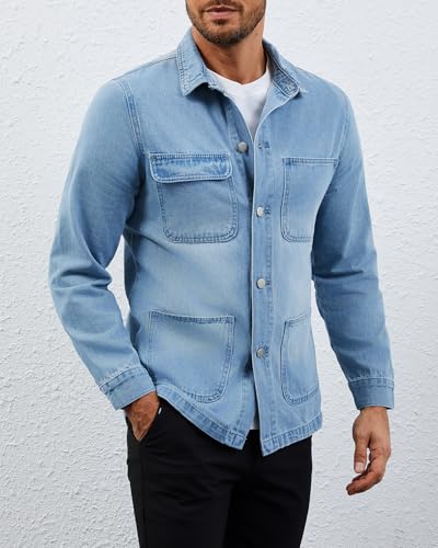 YEXPINE Men's Denim Jean Jacket Casual Button Down Regular Fit Work Shirt with Four Pocket, Blue, XXL - Image 6