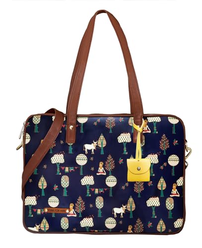 Image of Funk For Hire Women's Navy Blue Brown Printed Faux Leather 15.6 inch Laptop Handbag Sling with Waterproof Nylon Lining Cushioned Sleeve Adjustable Padded Strap Organizer