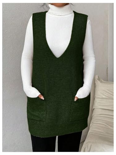 Image of SHENHE Women's Deep V Neck Long Sweater Vest Casual Loose Knit Tunic Pullover with Pockets