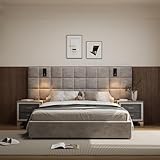 Olodumare Queen Platform Bed Frame with 2 Nightstands Set of 1+2, Elegant Velvet Upholstered Bed with Grid Pattern Padded Headboard, 2 LED Wall Sconces & USB Ports, No Box Spring Needed, Pearl Grey