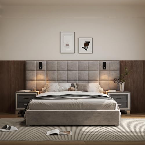 Olodumare Queen Platform Bed Frame with 2 Nightstands Set of 1+2, Elegant Velvet Upholstered Bed with Grid Pattern Padded Headboard, 2 LED Wall Sconces & USB Ports, No Box Spring Needed, Pearl Grey