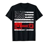 Camiseta vintage envejecida con bandera estadounidense retro con pistón para los amantes de los coches de muslo, entusiastas de las carreras, mecánico de automóviles y motores, propietarios de coches deportivos, corredores, cabezales de engranaje, mecánico como papá, conductores de barra caliente.