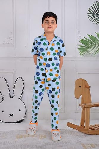 Image of 3BROS Unisex Pure Cotton Short Sleeve Kids Night Dress for Boys & Girls Nightwear /Sleepsuit /Sleepwear /Loungewear Night Suit for Boys and Girls Top and Pyjama Combo Set