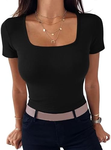 Aottori T-Shirt Damen Eckiger Ausschnitt Gerippt Basic Top Kurzarm Sommer | Rippshirt, Oberteile, Slim Fit, Stretch, Eng, Elegant, Casual, Einfarbig, für Alltag Freizeit Büro