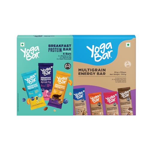 Yogabar Protein Bar Combo, 16 Bars | Multigrain Energy Bar x 10 and Breakfast Protein Bar x 6 | Protein Snack with High Fibre
