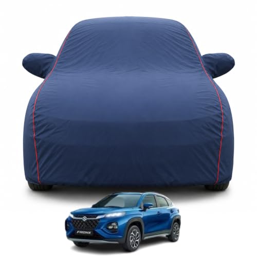 Image of Maruti Suzuki Fronx 2023-2026 Models Car Cover | Waterproof, UV & Dust Protection | Mirror & Antenna Pocket | Triple Stitched, Soft Inner Lining, Belt & Buckle (Navy Blue)