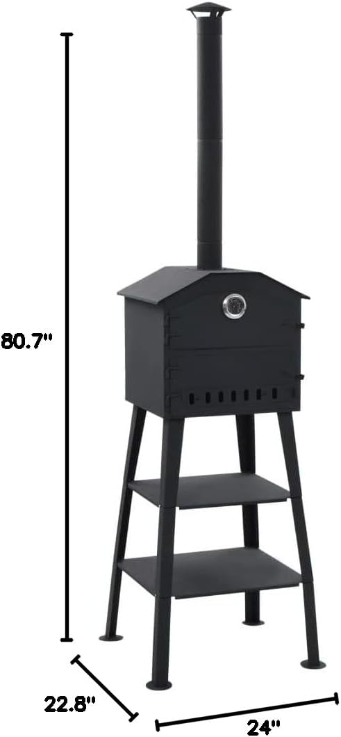 Outdoor Pizza Oven Charcoal Fired with 2 Fireclay Stones Oven, Wood Fire Grill Maker Stone, Layer Steel Cooker For Barbecue Camping Backyard Party, Black, 22.8 x 24 x 80.7 (W x D x H)