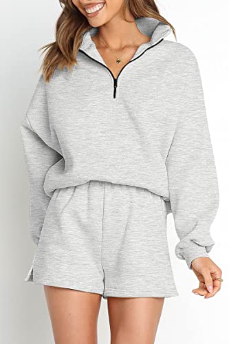Automet Women's Oversized 2 Piece Lounge Sets Fall Outfits Fashion 2023 Two Piece Cozy Casual Pajamas Shorts Sweatsuit Matching Set Grey #TOP2