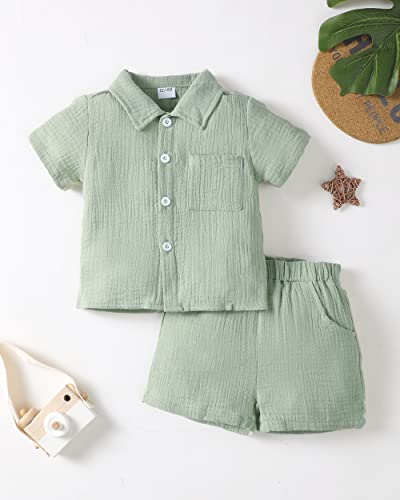 Renotemy 18 Months Boy Clothes Summer Outfits For Toddler Button Down Shirt Top Infant Solid Cotton Linen Shorts Sets Toddler Clothing Size 2T Boy Outfits 18-24 Months Pea Green #TOP1