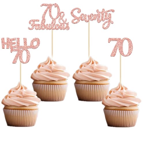 Gyufise 24Pcs Rose Gold Glitter 70th Birthday Cupcake Toppers Hello 70 Seventy Cake Toppers 70 & Fabulous Cupcake Picks for 70th Birthday Cake Decorations Supplies