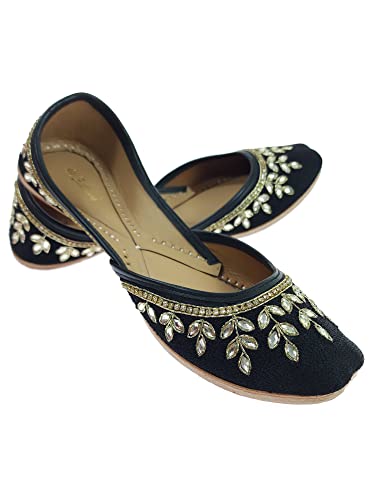 Image of Fulkari Women's Dolli Gold Genuine Soft Leather Embroidered Jutis | Bite and Pinch Free Jutti | Punjabi Formal Juttis | Girl's Wedding Flat Ladies Mojari | Formal Ethnic Juti |