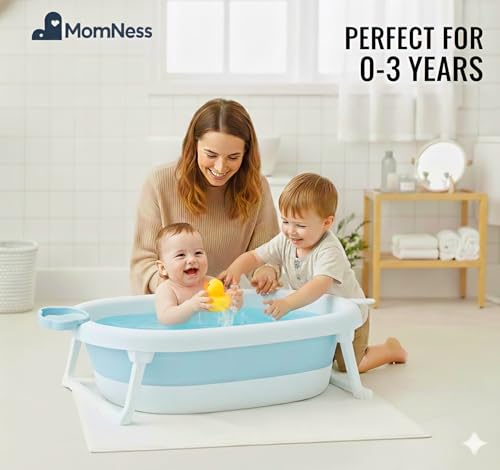 Image of Foldable Baby Bathtub for 0-3 Years | Collapsible Portable Bath Tub with Soap Holder & Drain Plug | Non-Slip Legs, Heat Retention Design, BPA-Free Safe Material (Blue)