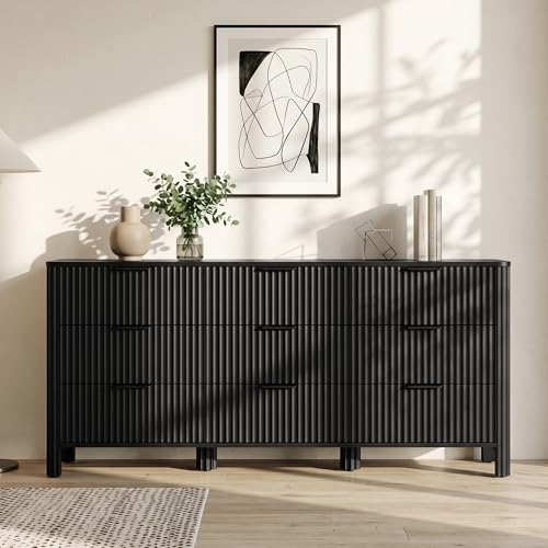 Image of Wodeer 9 Drawer Black Dresser for Bedroom, 62 inch W Wood Storage Cabinet with Fluted Design, Modern Chest of Drawers & TV Stand for Living Room, Nursery Clothing Organizer with Metal Slides, Anti-Tipping
