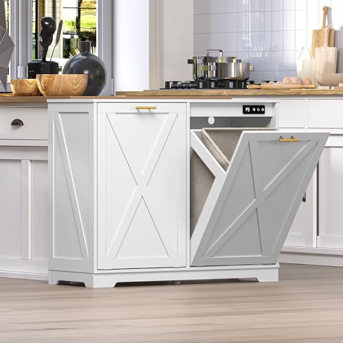 Image of BORNOON Tilt Out Trash Can Cabinet for 2 Bins, Hidden Recycle Garbage Bin Enclosure, Wooden Double Laundry Cabinet with Odor Control, Negative Ion & Ozone, for Kitchen, Bathroom, Laundry Room