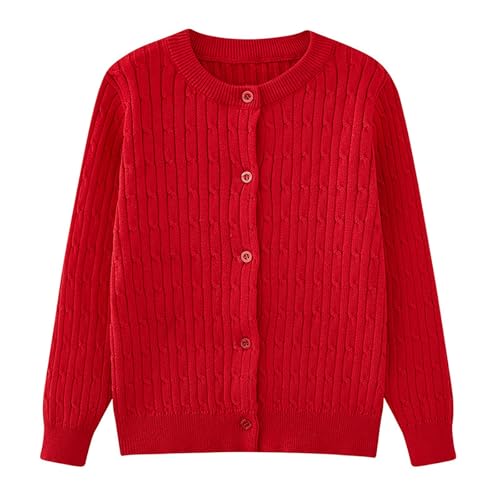 Girls Cotton Chunky Knit Cardigan Sweater Toddler Basic School Uniform Long Sleeve Button Down Sweater (Red, 3-4 Years)