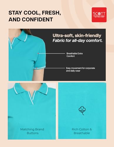 Image of Scott International Women's Cotton Polo T-Shirt | Half Sleeve Plain Collar Tee | Stylish Casual Top | Plain T-Shirt for Girls | Workwear for Office & Casual Wear
