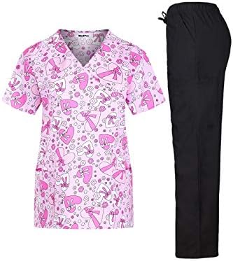 Women's Printed Medical Scrub Set Mock Wrap Top and Pants Pink Purple S