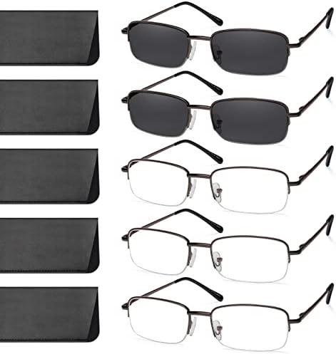 NOVIVON 5 Pack Reading Glasses for Men, Metal Blue Light Blocking Reading Sunglasses with Spring Hinges, Anti Eye Strain Eyeglasses (Gunmetal*3, Gunmetal Sunreaders*2, 1.5)