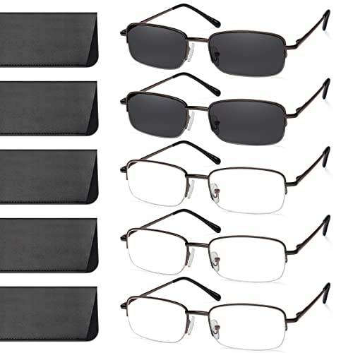 Novivon 5 Pack Reading Glasses For Men, Metal Blue Light Blocking Reading Sunglasses With Spring Hinges, Anti Eye Strain Eyeglasses (Gunmetal*3, Gunmetal Sunreaders*2, 1.5) #TOP5