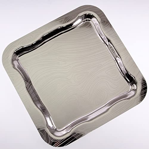 Maro Megastore (Pack Of 2) 13.4 Inch X 13.4 Inch Square Chrome Plated Silver Serving Tray Edge Line Pattern Engraved Decorative Holiday Wedding Birthday Dessert Wine Candle Platter Plate Party Cc-1658 #TOP5
