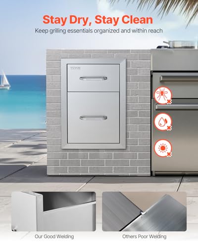 Image of VEVOR Outdoor Kitchen Drawers 13 inch W x 20.5 inch H x 21 inch D, Flush Mount Double BBQ Access Drawers with Stainless Steel Handle, BBQ Island for Outdoor Kitchens or Patio Grill Station